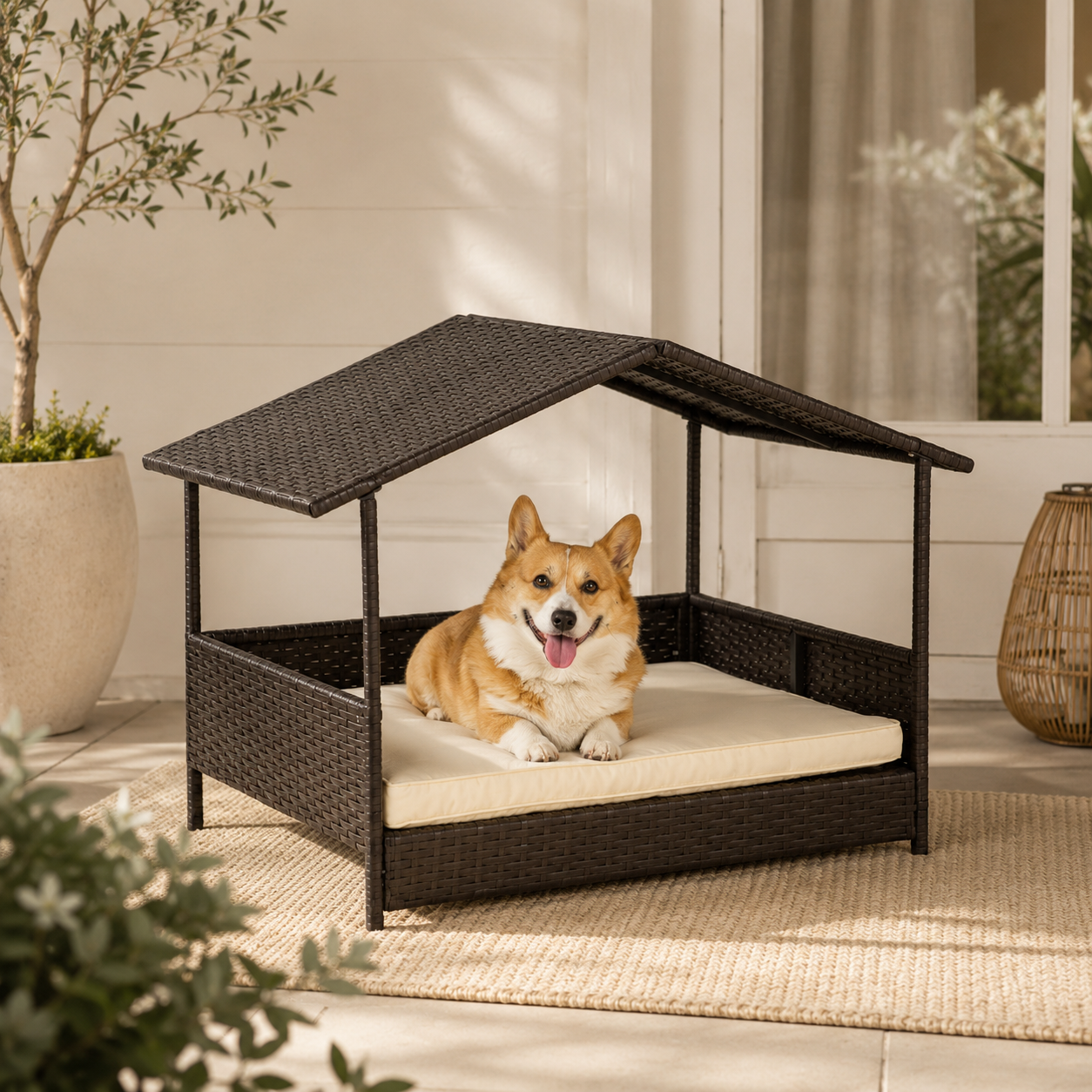 Luxury Woven Canopy Pet Bed – Cream